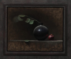 painting by jeremy goodding of a black vase next to a crimson apple