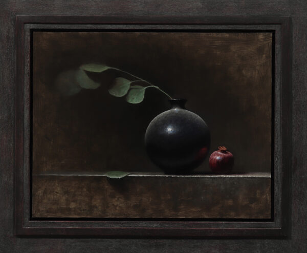 painting by jeremy goodding of a black vase next to a crimson apple