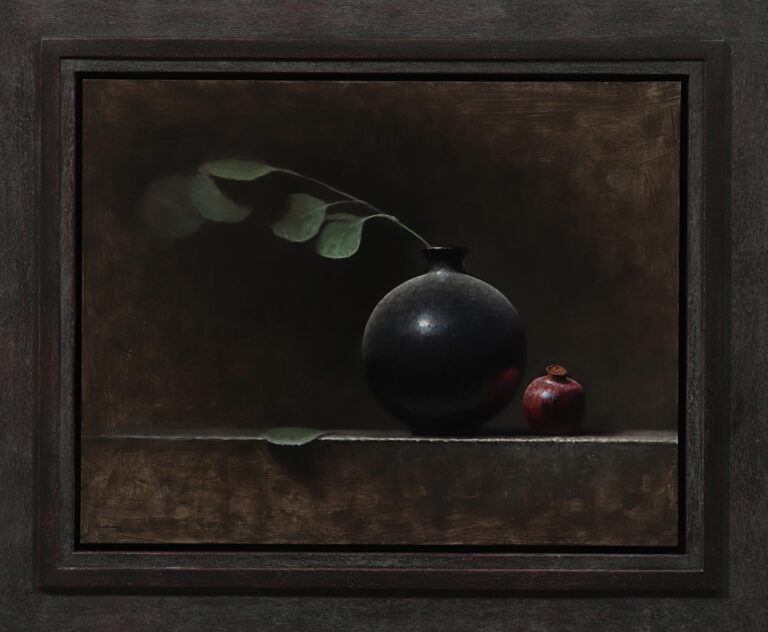 painting by jeremy goodding of a black vase next to a crimson apple