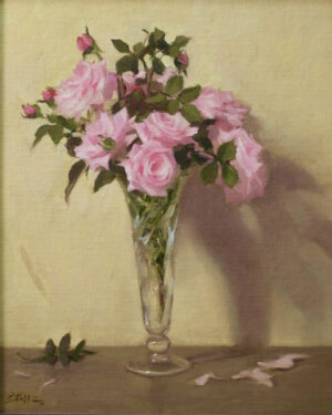 image of a painting by Elizabeth Robbins of pink tea roses in a tall crystal vase