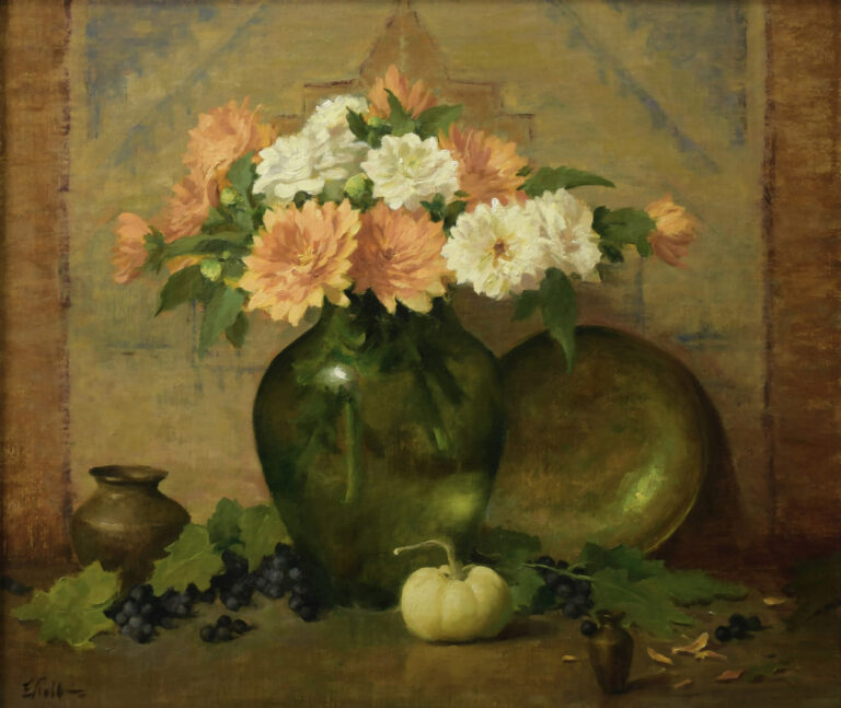 painting by Elizabeth Robbins of white and pink dahlias in a green glass vase