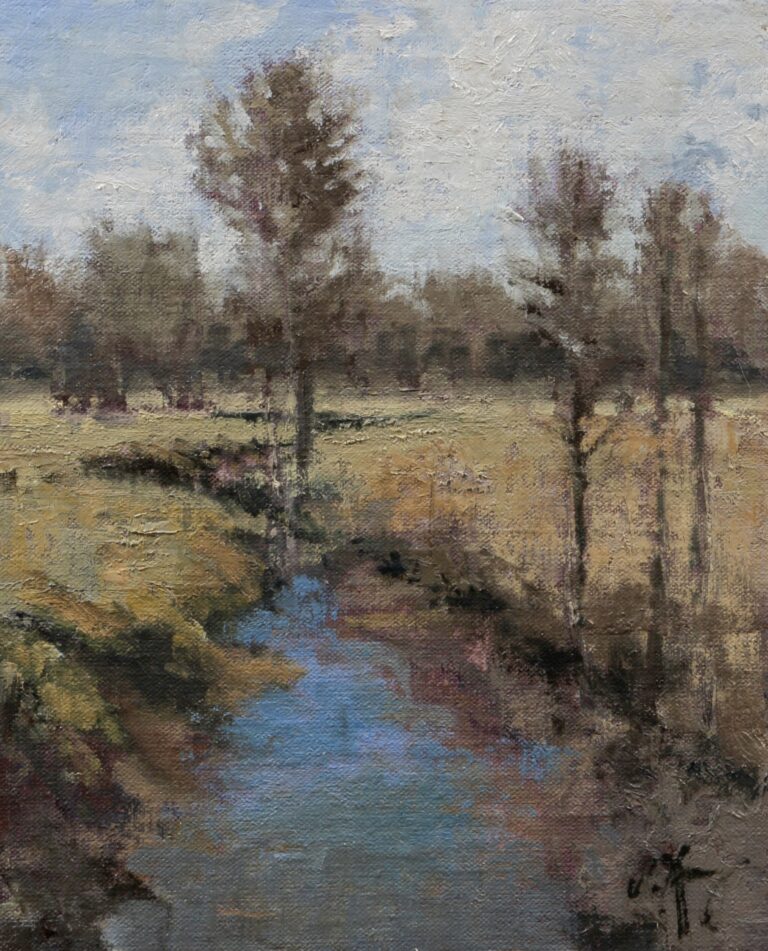 painting by Shanna kunz of a tree-lined stream