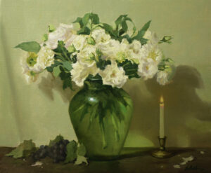 image of a painting by Elizabeth Robbins with white ruffled roses in a green glass vase