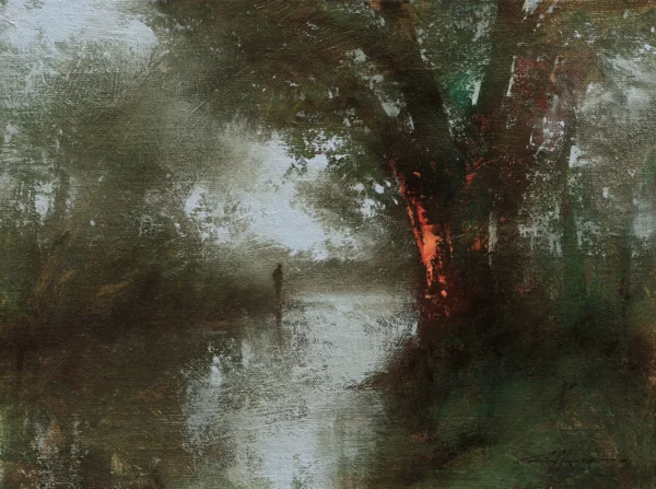 image of a painting by Brent Cotton depicting a man fishing in a small stream