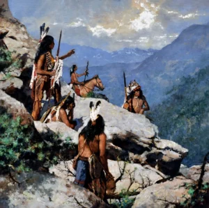 painting by michael dudash of a small band of native american warriors perched atop a high mountaintop