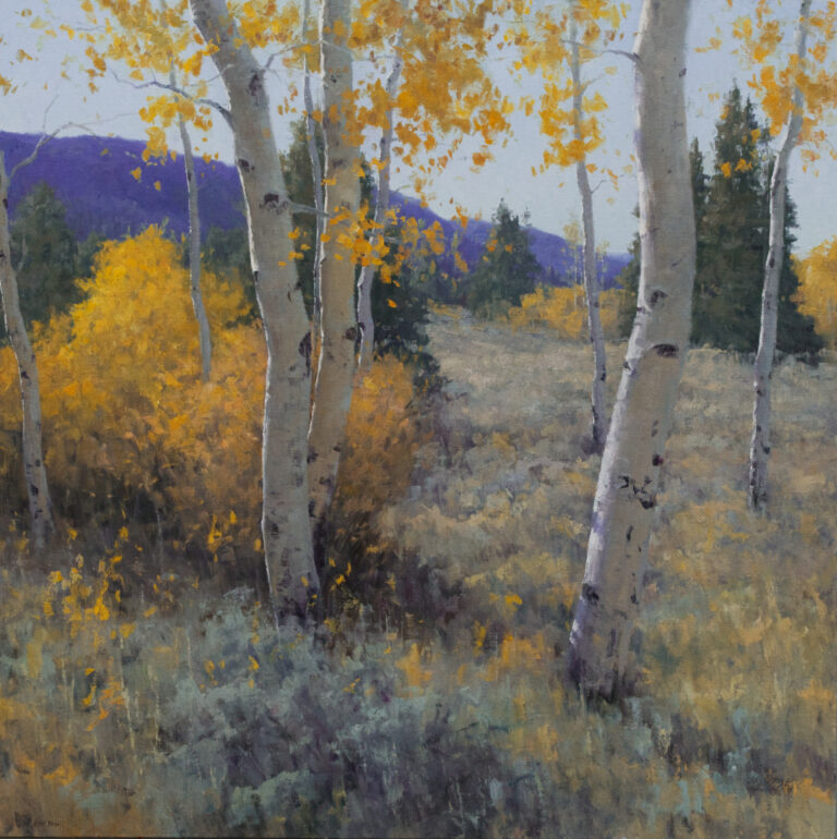 painting by keith bond of aspen trees on a small knoll