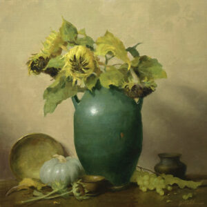 painting by Elizabeth Robbins of sunflowers in a green vase