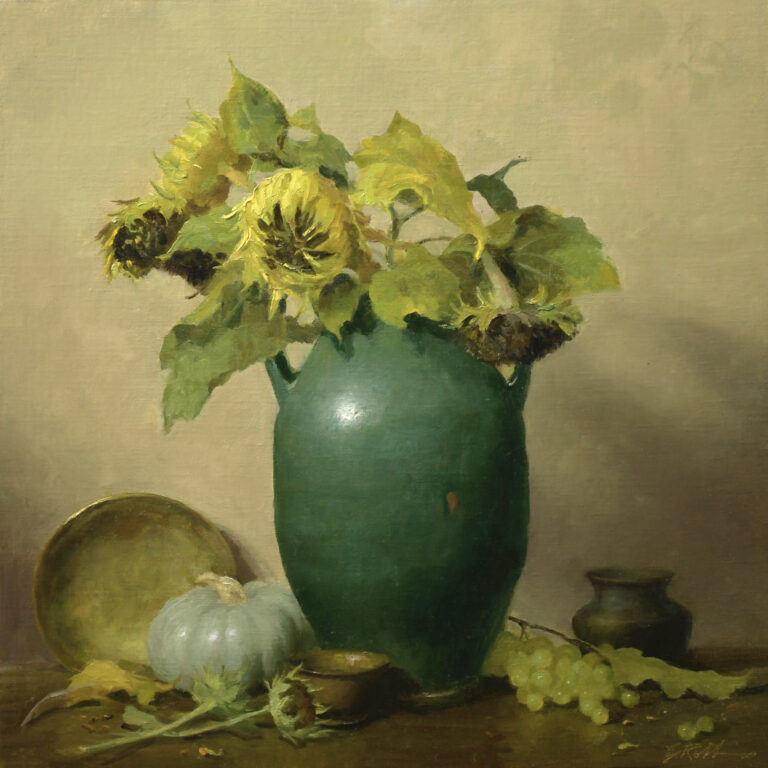 painting by Elizabeth Robbins of sunflowers in a green vase