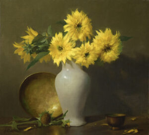 image of apaitning by Elizabeth Robbins of sunflowers in a vase situated in fromnt of a brass plate