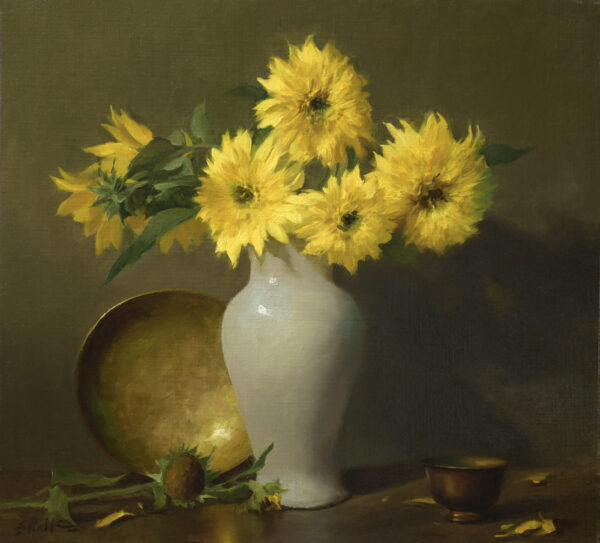 image of apaitning by Elizabeth Robbins of sunflowers in a vase situated in fromnt of a brass plate