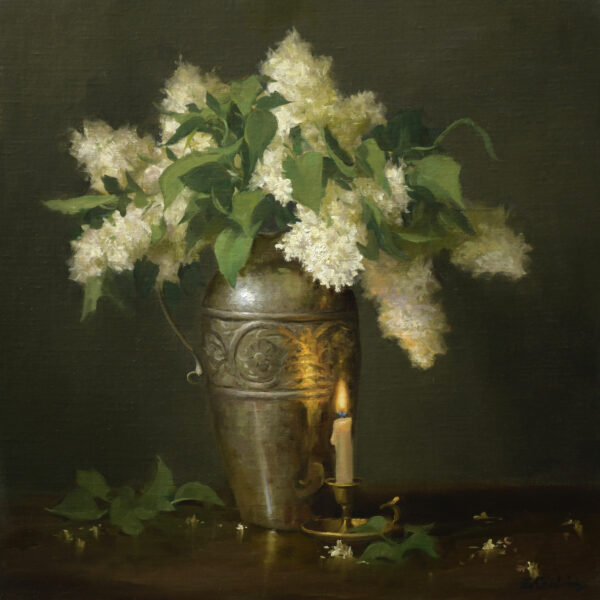 painting by Elizabeth Robbins of white lilacs in a tall vase