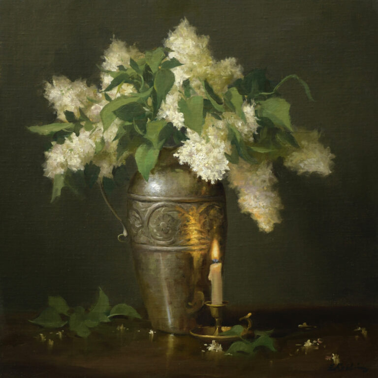 painting by Elizabeth Robbins of white lilacs in a tall vase
