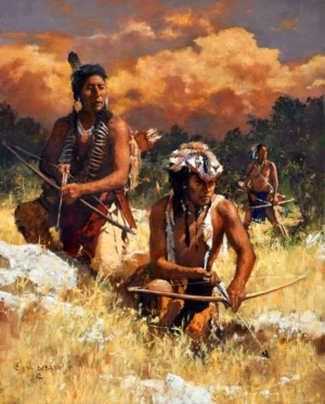 painting by Michael Dudash of 3 native american hunters