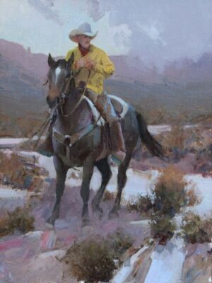 bill anton painting of a cowboy riding a horse on a snowy mountain trail