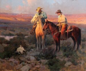 bill anton painting of two cowboys on horses iwith a canyon ridge in the background