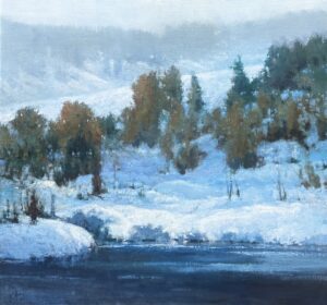 image of a painting by Shanna Kunz of a mountain stream surrounded by snowing land