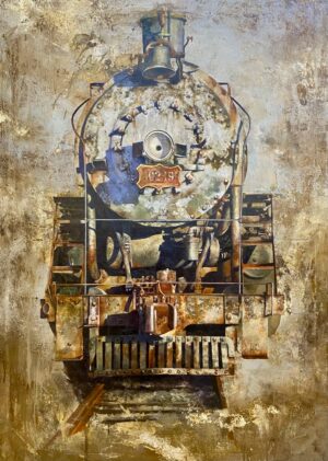 painting by yoel Diaz Galvez of a locomotive engine from the front view