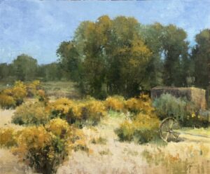 image of a painting by shanna kunz that shows a stand of tress in front of a western scrub scene