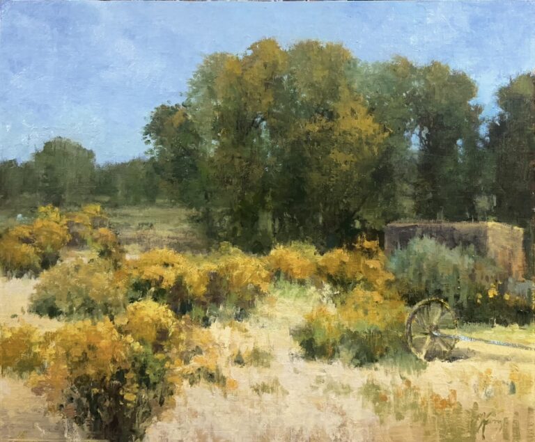 image of a painting by shanna kunz that shows a stand of tress in front of a western scrub scene