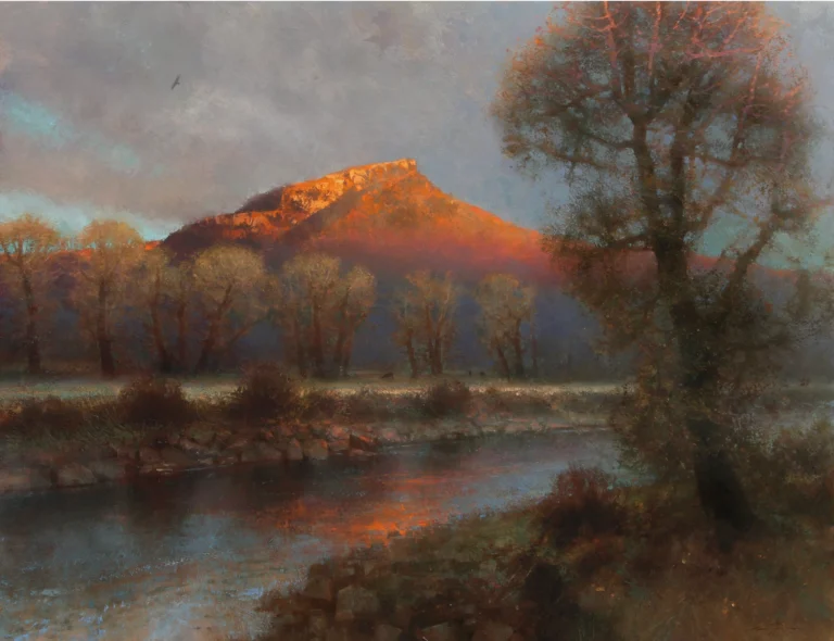 painting by brent cotton of a river with a mountain reflection from the background