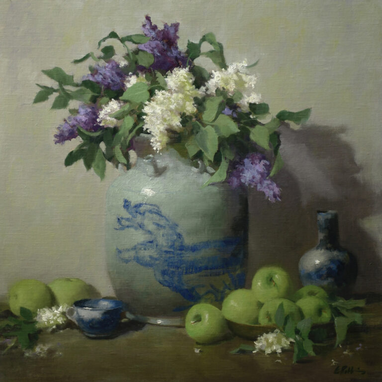 painting by Elizabeth Robbins of lilacs in a blue pottery vase