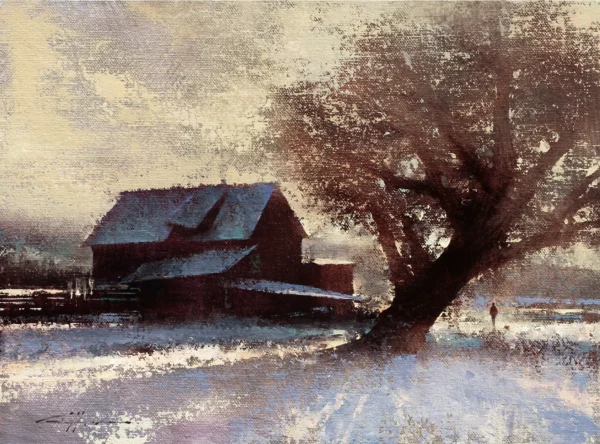 image of a painting by brent cotton showing asnowy scene of a man walking near a barn with a large tree in the foreground