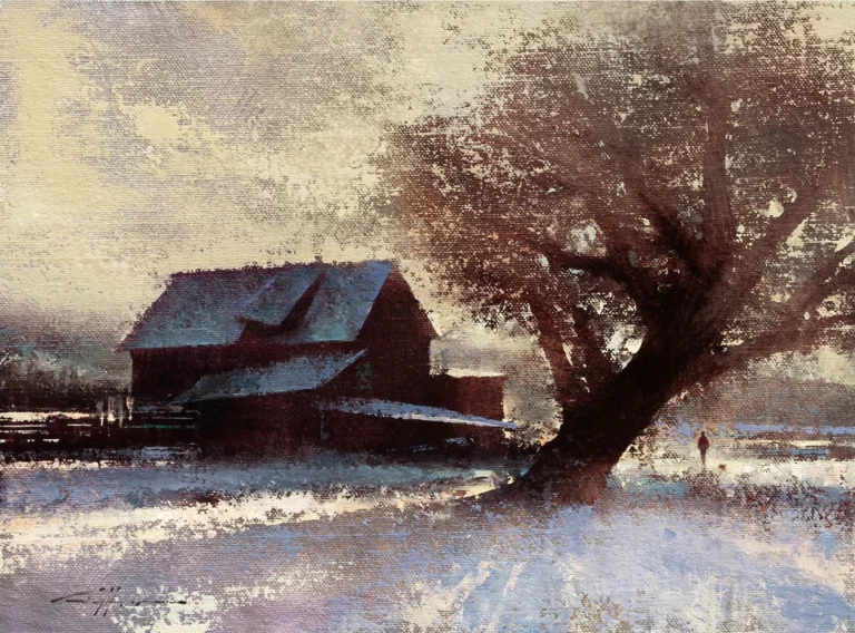 image of a painting by brent cotton showing asnowy scene of a man walking near a barn with a large tree in the foreground