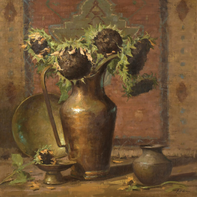 painting by Elizabeth Robbins of mature sunflowers in a brass pitcher