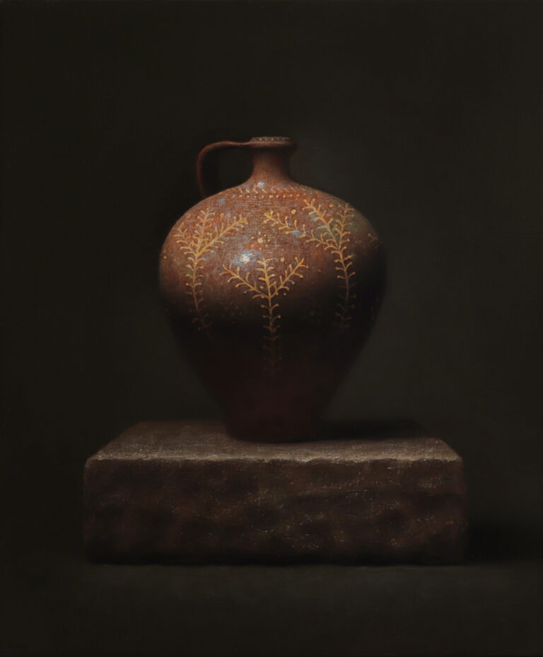painting by jeremy goodding of a silouetted tall vase