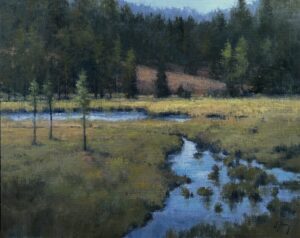 painting by shanna kunz of a stream running through a valley
