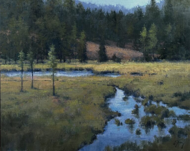 painting by shanna kunz of a stream running through a valley