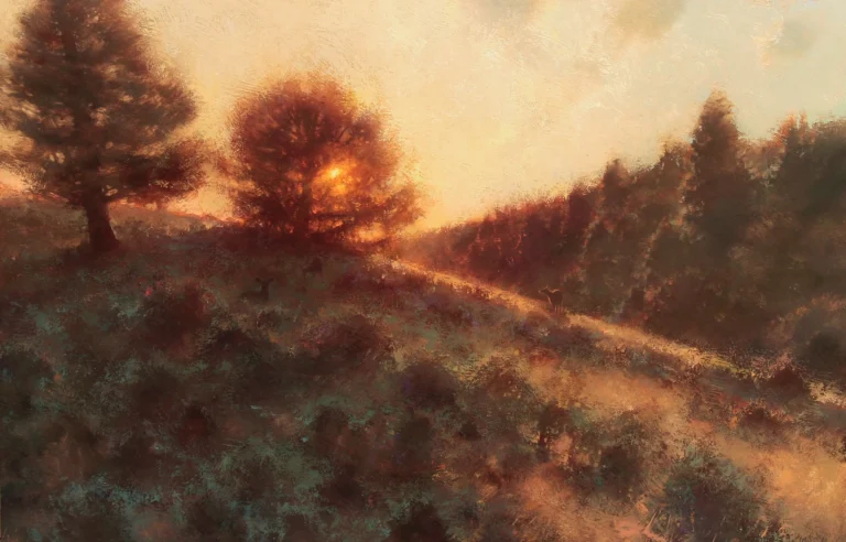 painting by Brent Cotton of a golden sunset along a mountain ridge