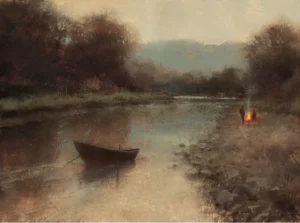 image of a painting by Brent Cotton of a fisherman on a river