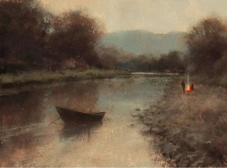 image of a painting by Brent Cotton of a fisherman on a river