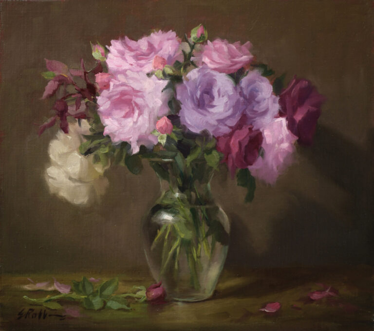 painting by Elizabeth Robbins of pink, white, and lilac peonies in a clear vase