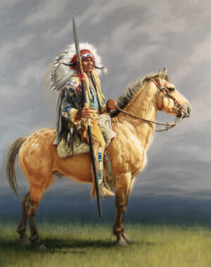 image of a painting by Krystii Melaine of a native american warrior on a horse