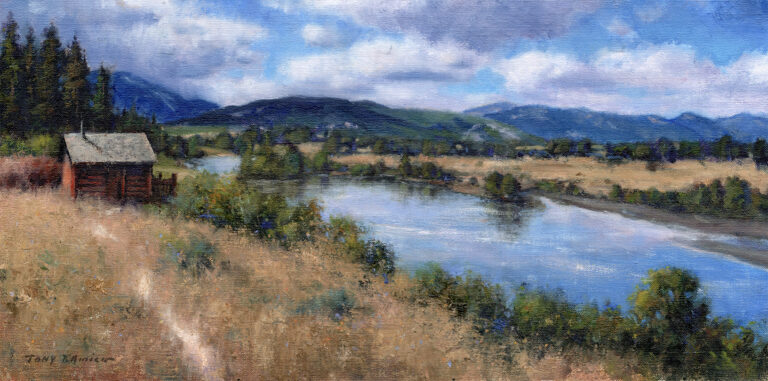 image of a painting by Tony d'Amico, of a mountain river gently running though a grassy field, against a backdrop of majestic mountains.