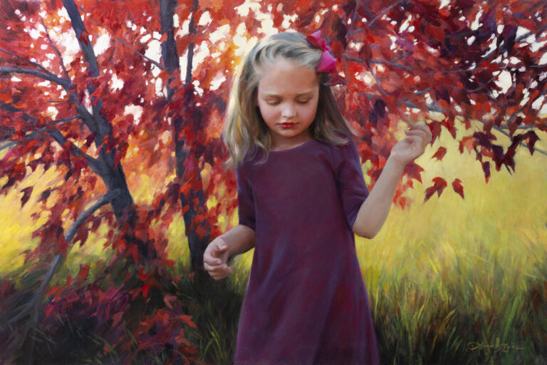 image of a painting by anna rose bain of a young girl in front of a red tree