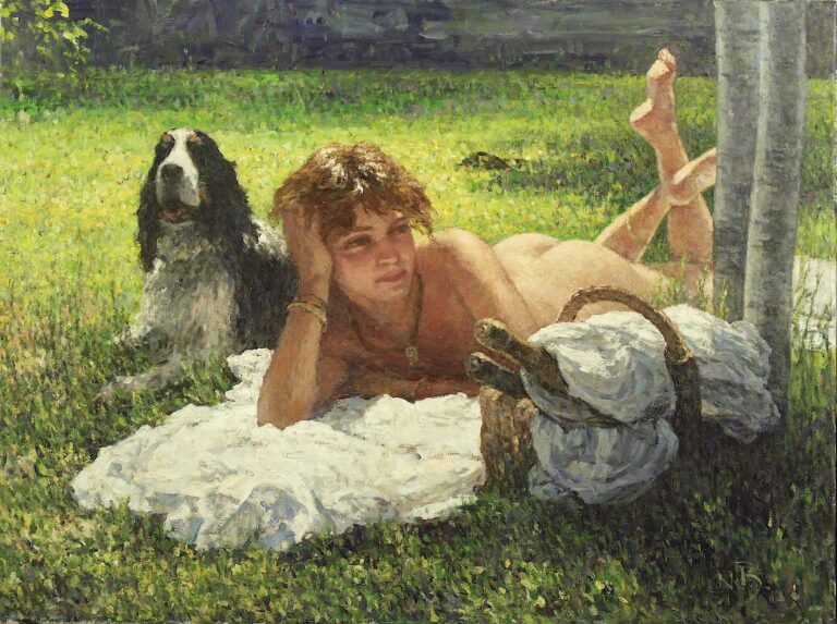painting of a woman and her dog relaxing on a blanket in the grass on a sunny day