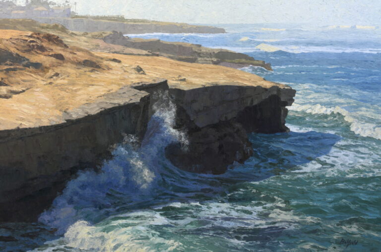 image of a painting by brian belfield of a large rock on a coastline with a deep erosion groove