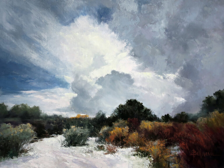 image of a painting by Carole Belliveau showing a bold december sky