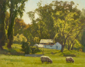 image of a painting by Nannette Marie Biers of a farm homestead with sheep grazing in the foreground