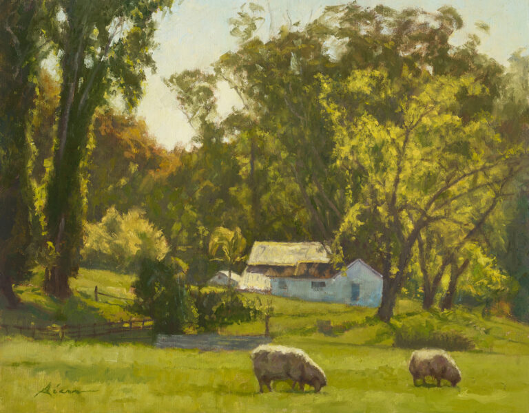 image of a painting by Nannette Marie Biers of a farm homestead with sheep grazing in the foreground