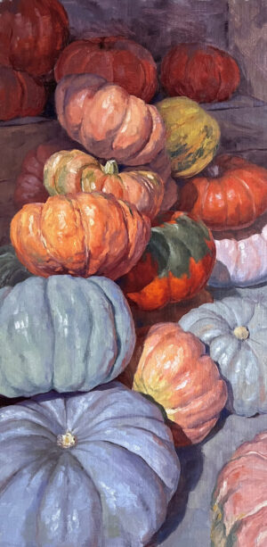 image of a painting by Tanya L. Burdine of a collection of colorful pumpkons