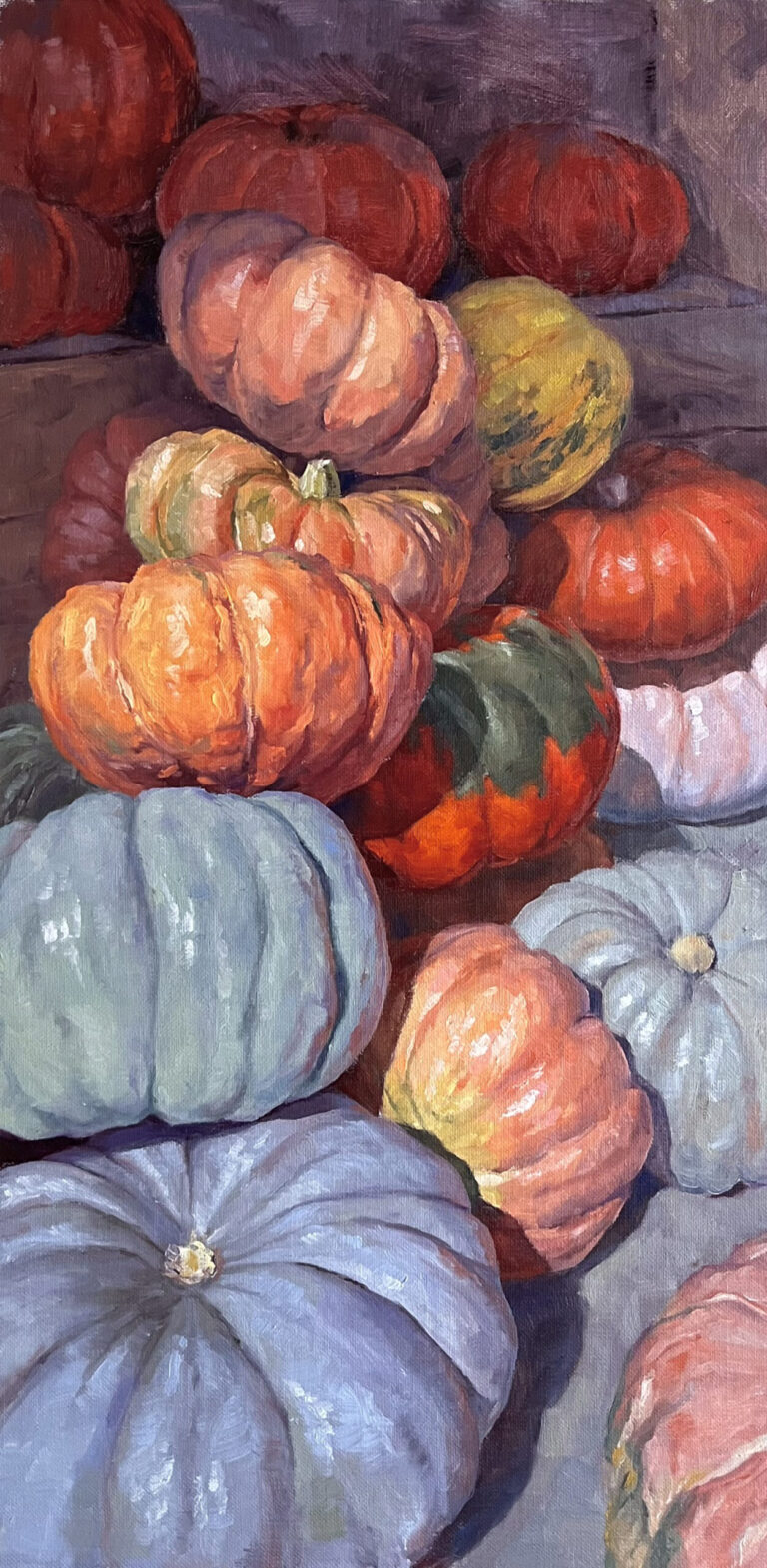 image of a painting by Tanya L. Burdine of a collection of colorful pumpkons