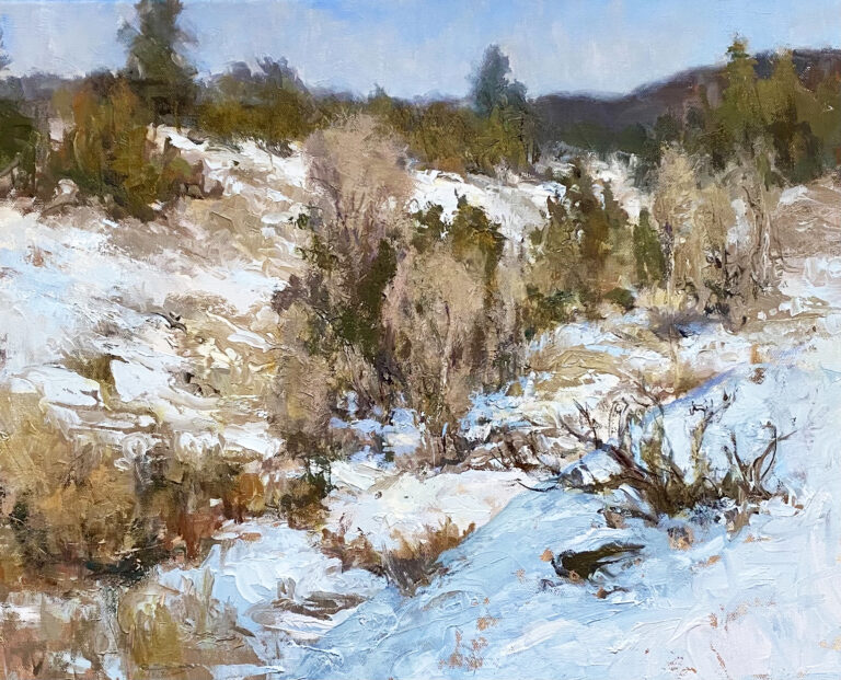 painting depicting an early snow with a creek and snow dusted rocks