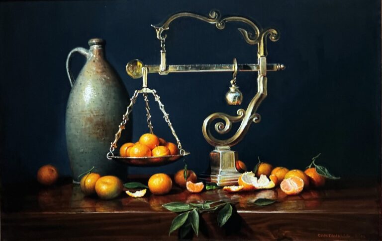 stil life painting of fruits on an ornate scale with a pitcher in the background