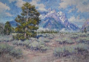 painting of a desert plain with a lone tree and grand teton mountains in the background