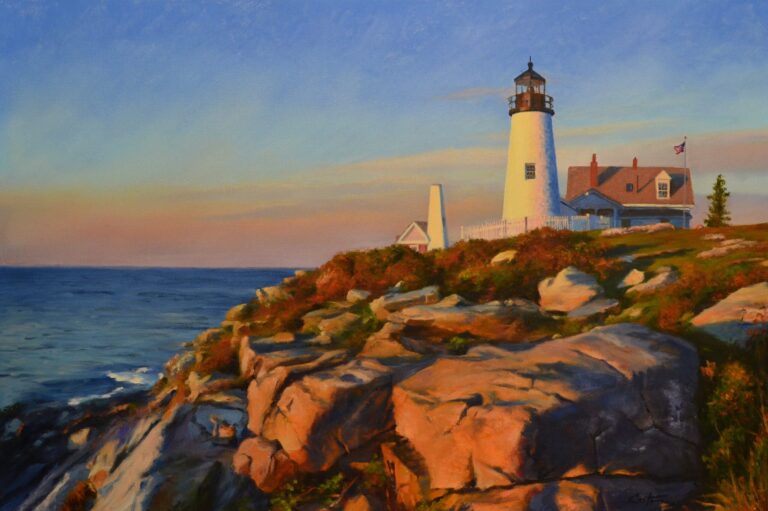 painting of a lighthouse at down on a rock outcroppig