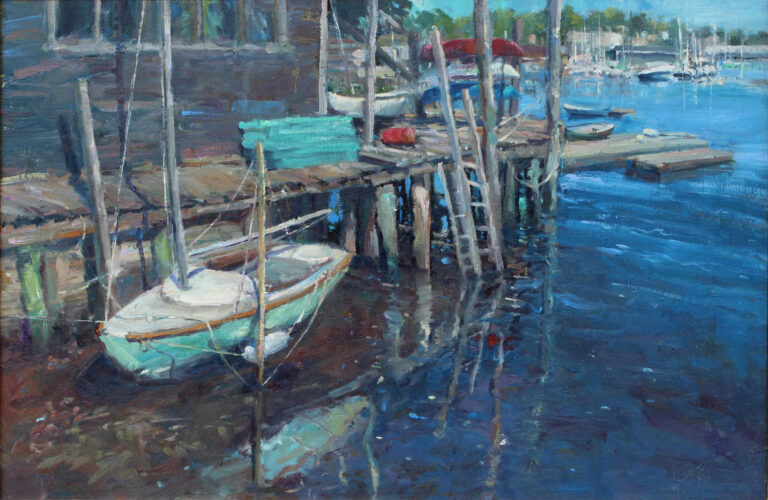 painting of a sailboat moored on a dock